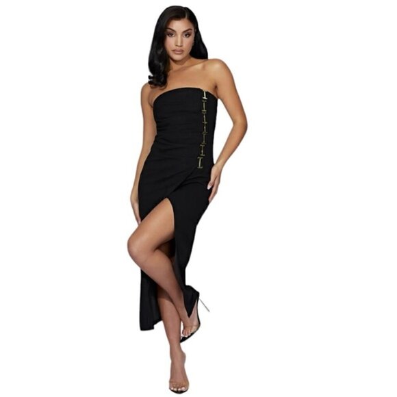 MESHKI STRAPLESS MERCER  BLACK GOLD HOOKS DRESS XXS - Picture 1 of 10